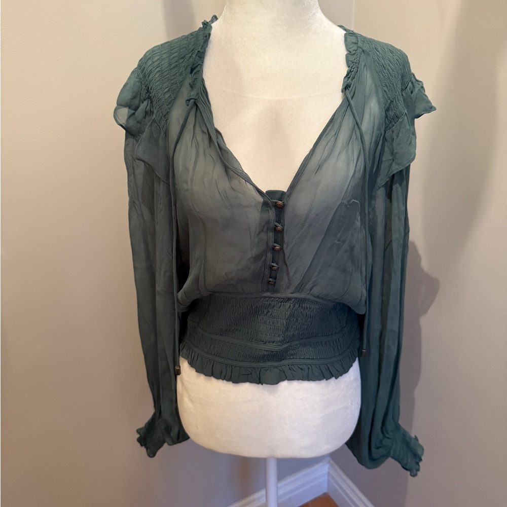 Anthropologie Teal Blouse with Button Accents